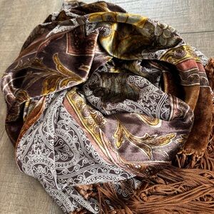 CCC Brown and Gold Floral Burnout Patterned Silk and Velvet Scarf with Fringe
